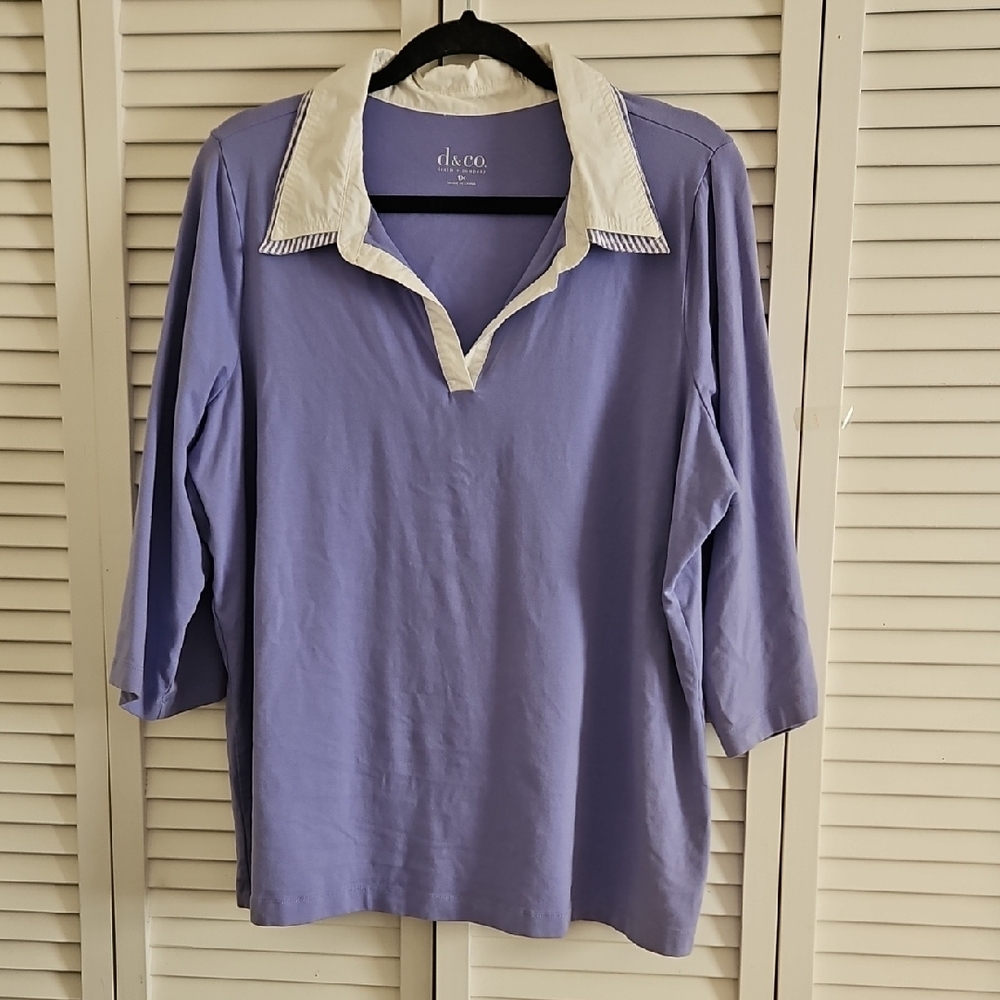 Denim&Co Blue Button Down Shirt with Polo Collar and 3/4 Sleeves